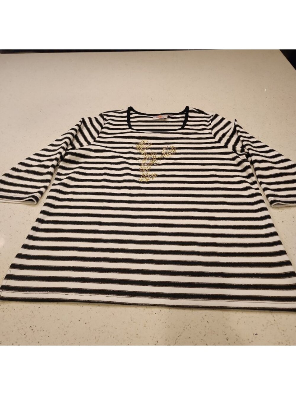 Quacker Factory Sequin Lobster Striped Stretch Knit 3/4 Sleeve Top Size L